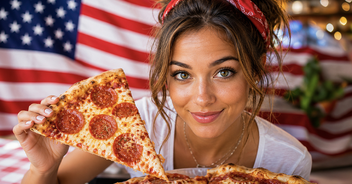 Woman holding up a slice of pizza.