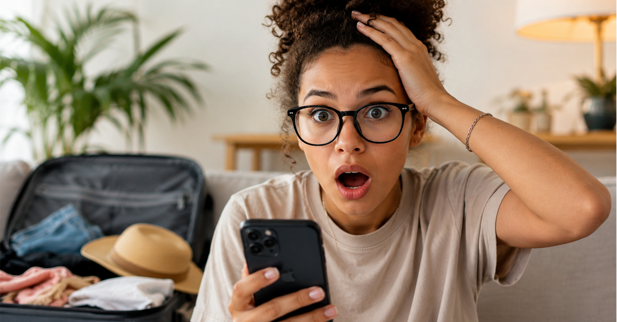 Woman with glasses holding phone looking shocked