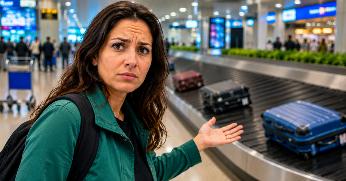 Woman in green jacket standing beside baggage claim