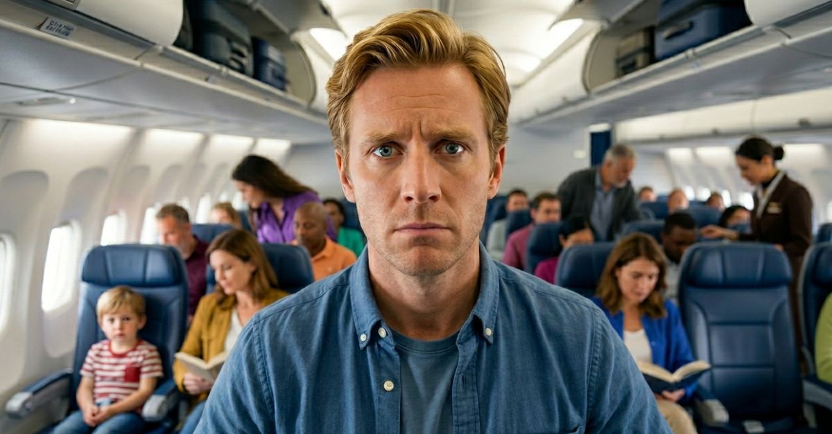 frustrated man inside airplane
