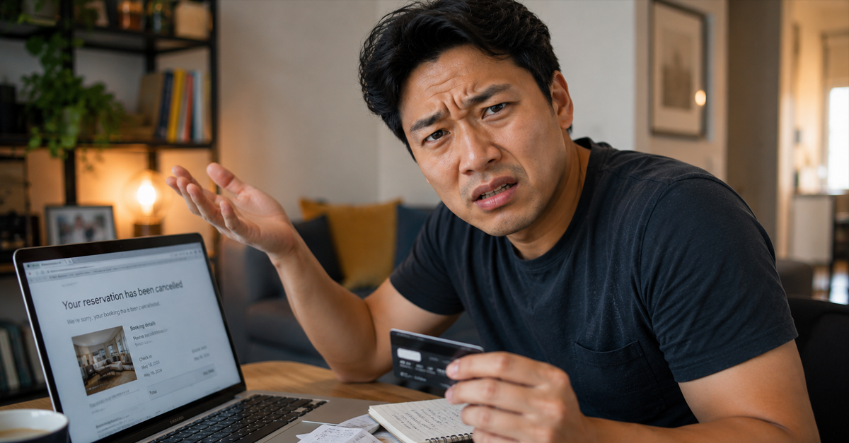 Asian man holding credit card next to laptop