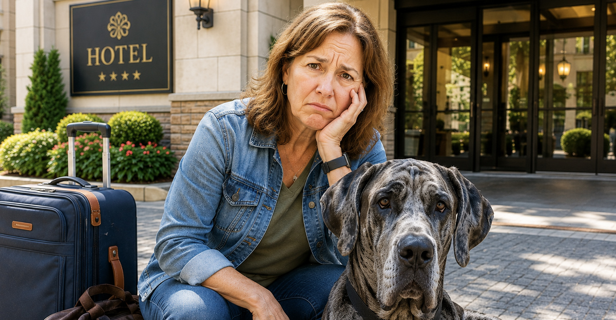 AI-generated image of a woman sitting outside a pet-friendly hotel.