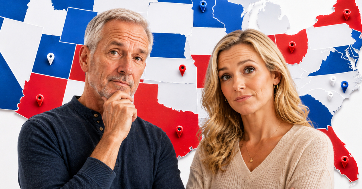 Red, White, Blue American Map Man and Woman in forground