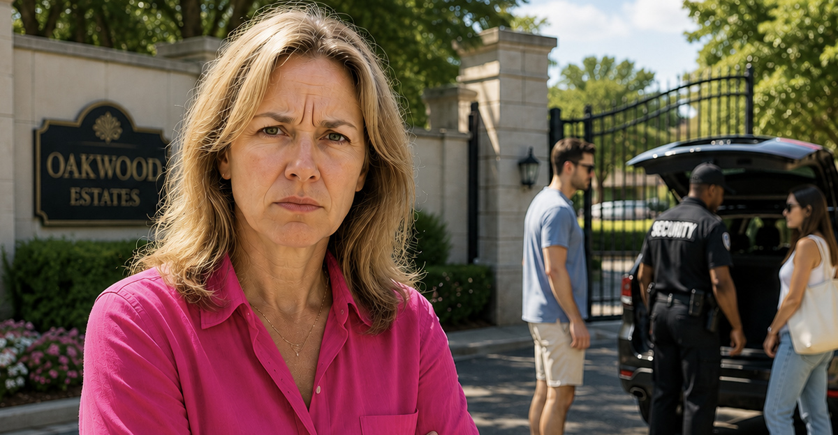 AI-generated image of a woman worried about her guest being stopped by security in her gated community.