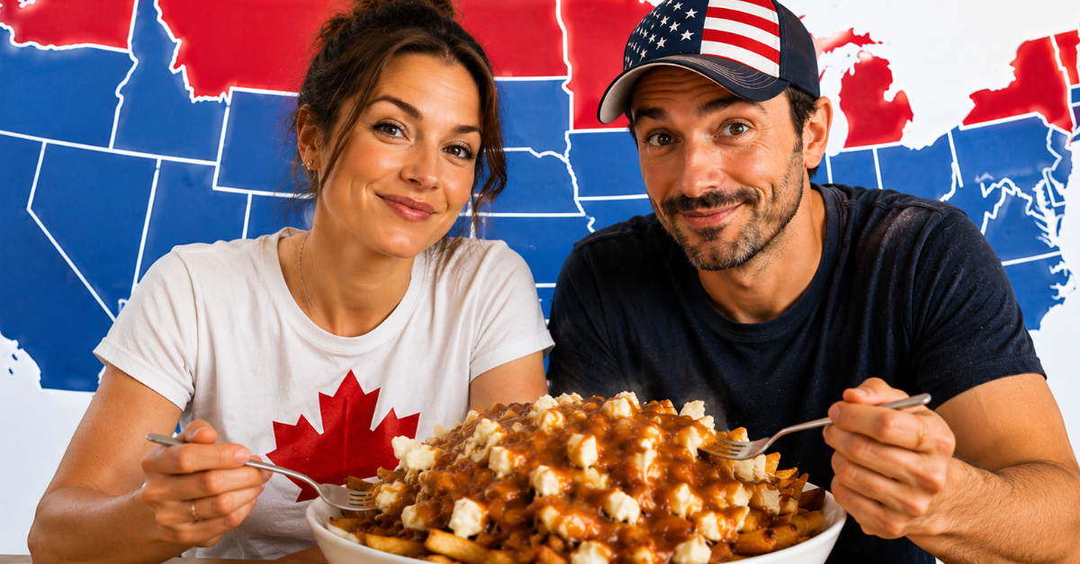 Canadian woman and American man eating poutine, USA map in background