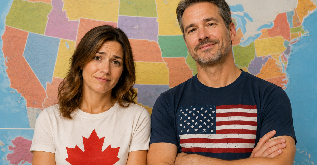Canadian Woman, American Man, USA Map Background