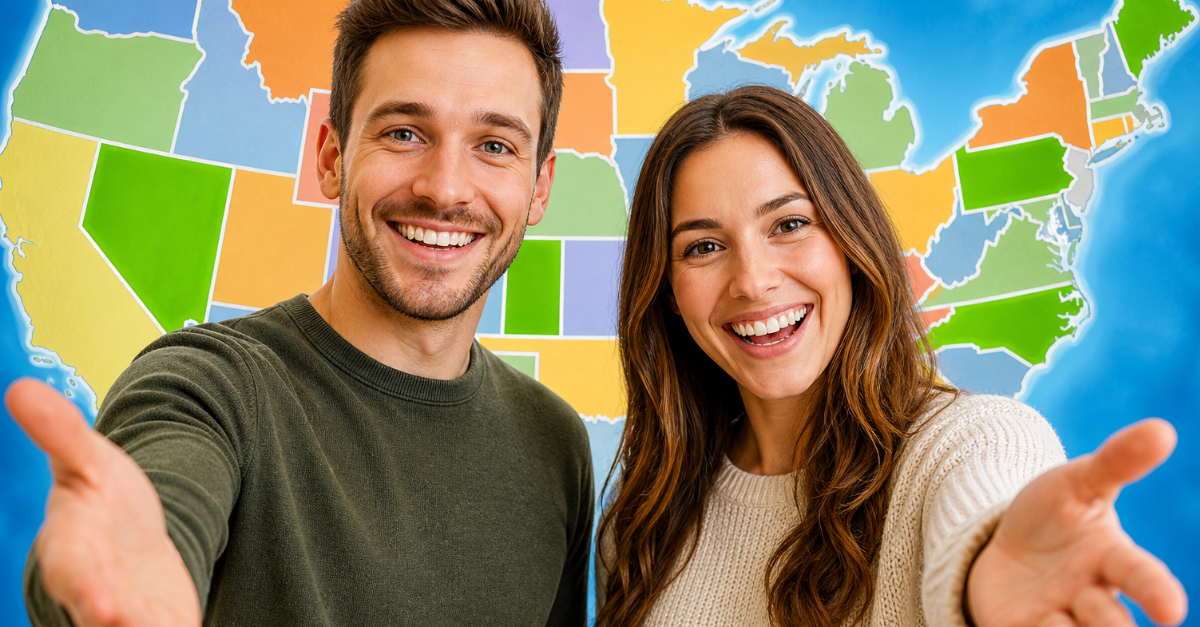 happy people USA map background