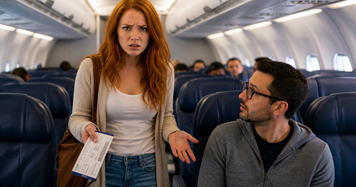 Red headed woman annoyed on an airplane.