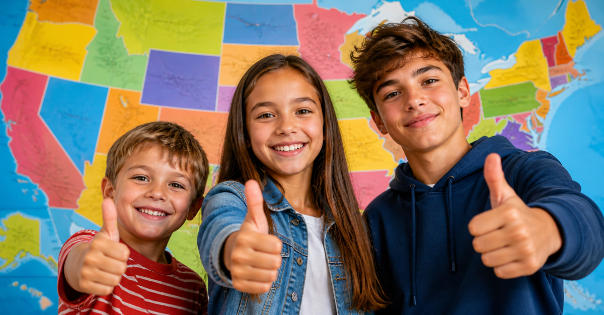 3 kids thumbs up USA map background