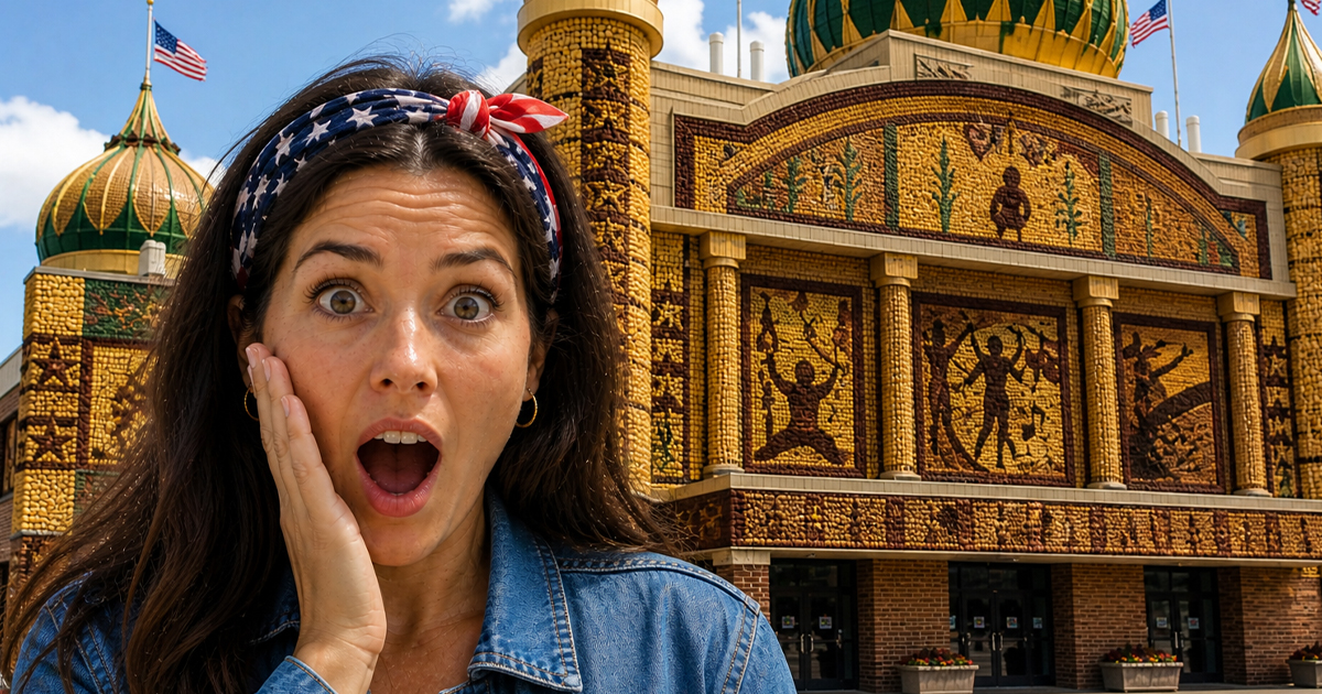A shocked American woman standing in front of the Corn Palace in South Dakota.