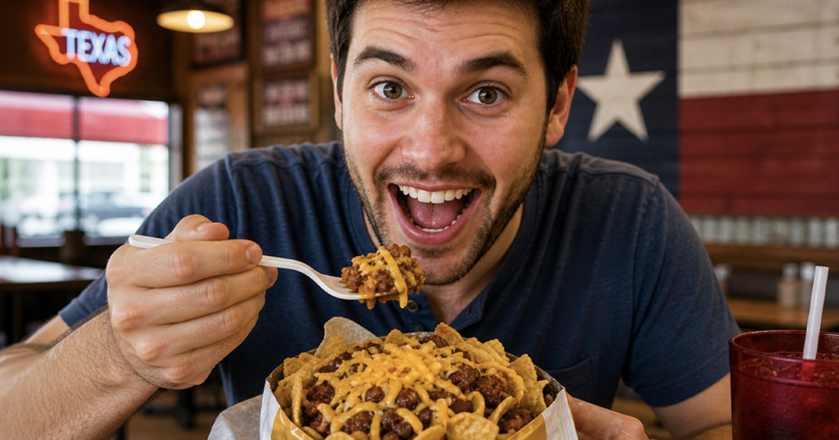 A man eating Frito Pie in a restaurant in Texas.