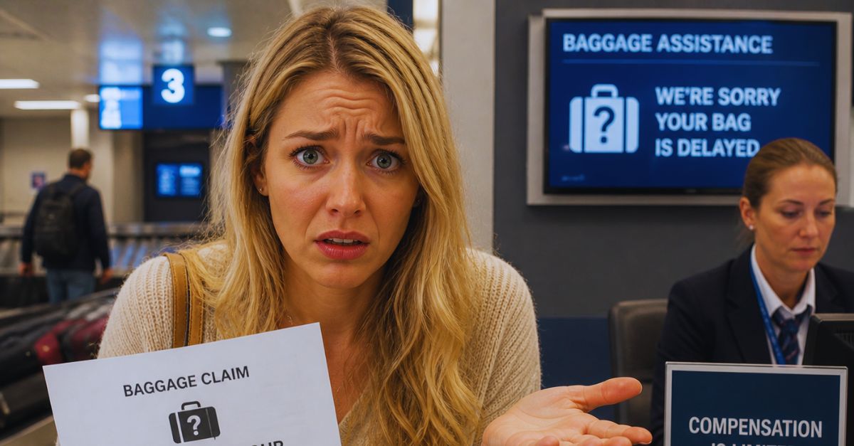 Woman worried airport luggage