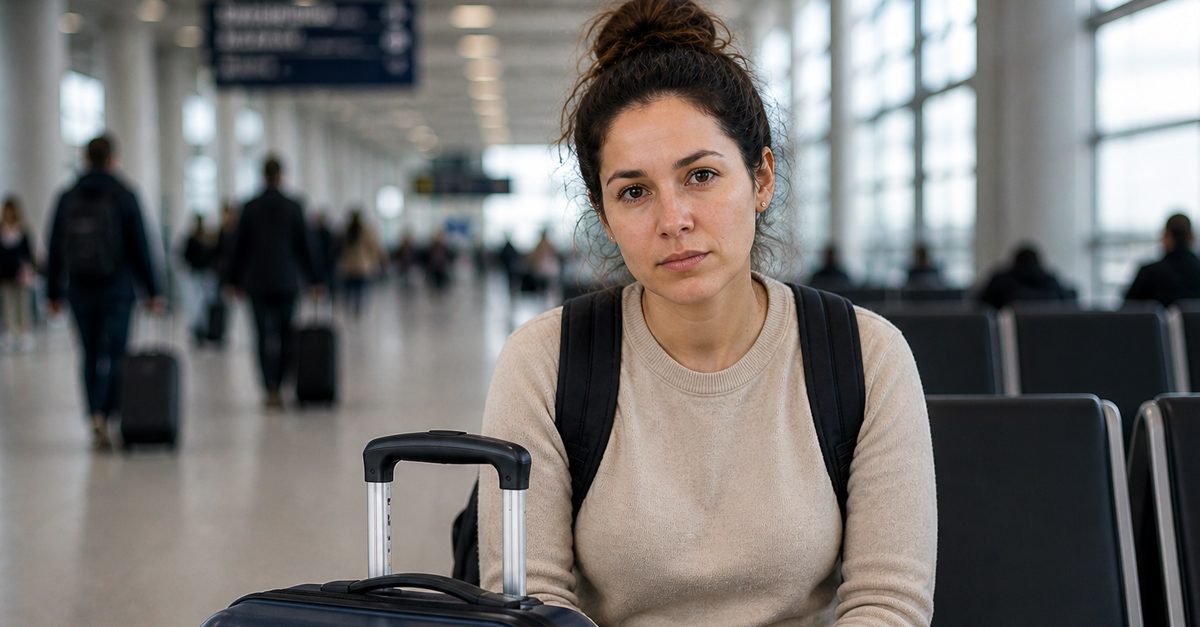 Traveller woman looking tired at the airport with her luggage