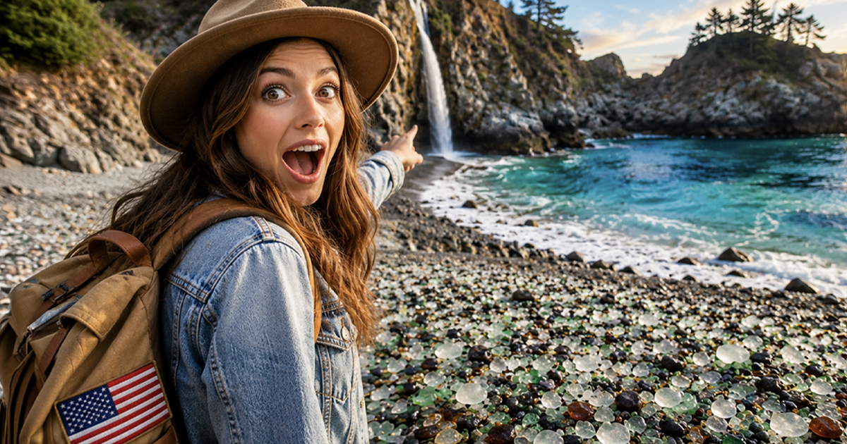 Excited woman pointing at a waterfall in California