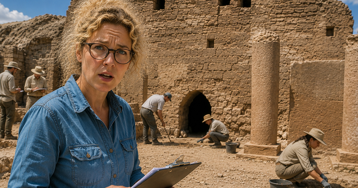 Archaeologist in blue shirt standing in front of the Dura-Europos archaeological site.
