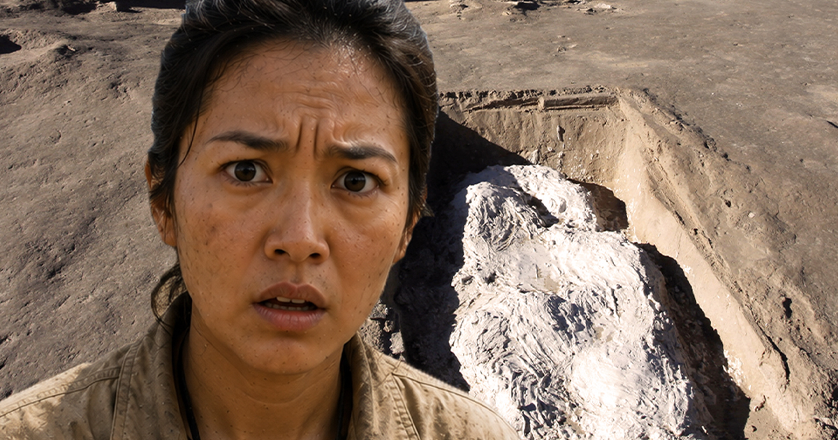 Shimano Ruins in china with a shocked archaeologist in the foreground.