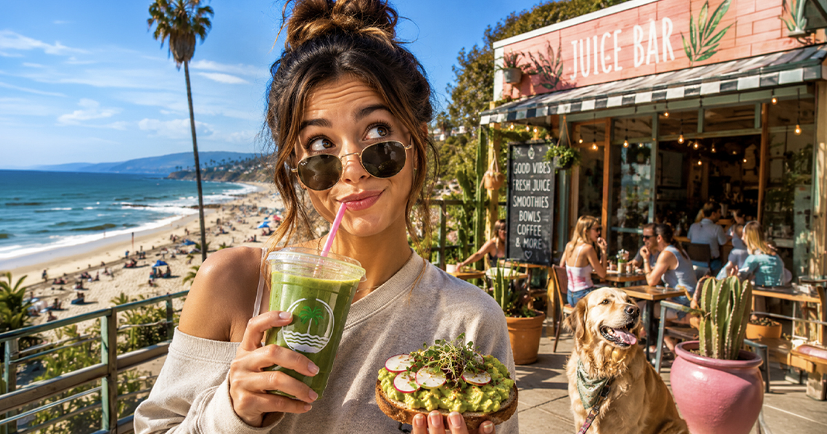 Southern California local at a juice bar by the beach.