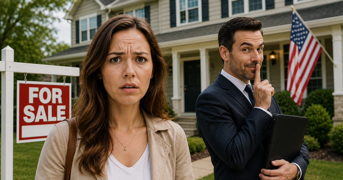 A worried home buyer with a secretive real estate agent standing in the background.