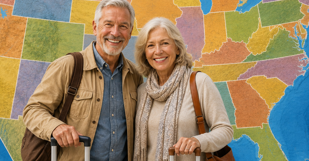 Happy older couple moving usa map background
