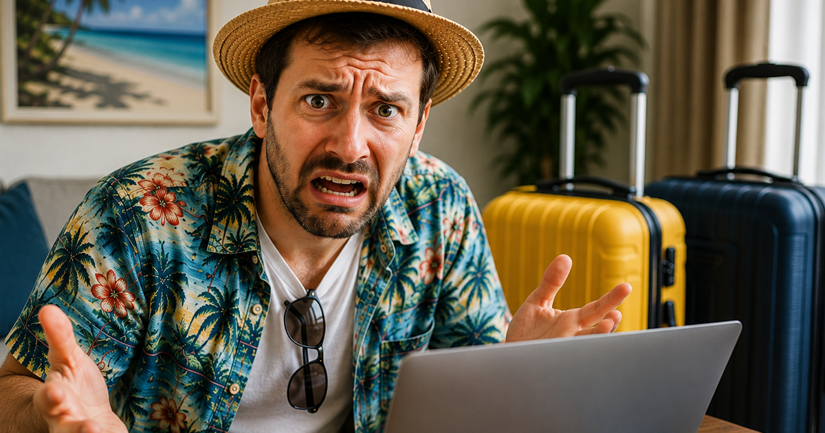 Upset tourist booking a trip on a laptop.