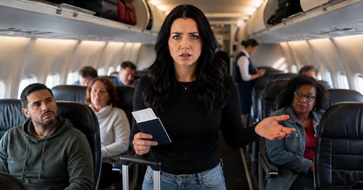 confused and stressed woman inside an airplane with other passengers