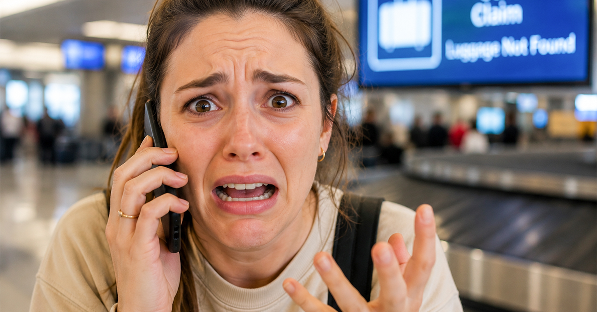 Worried woman at the airport, looking worried, on the phone.