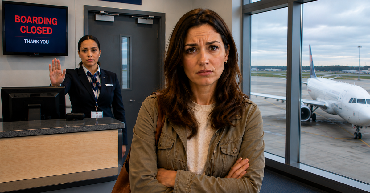 Woman standing in front of closed gate at airport