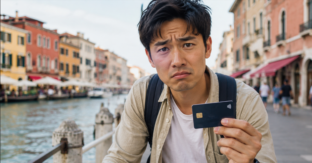 Asian man holding debit card while on vacation
