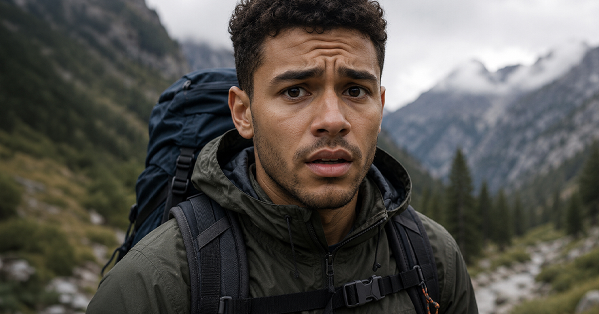 Concerned man in hiking gear