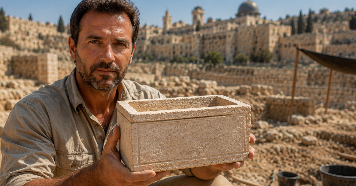 Archeologist holding box on dig site