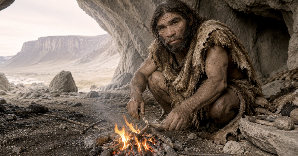 Neanderthal man making fire