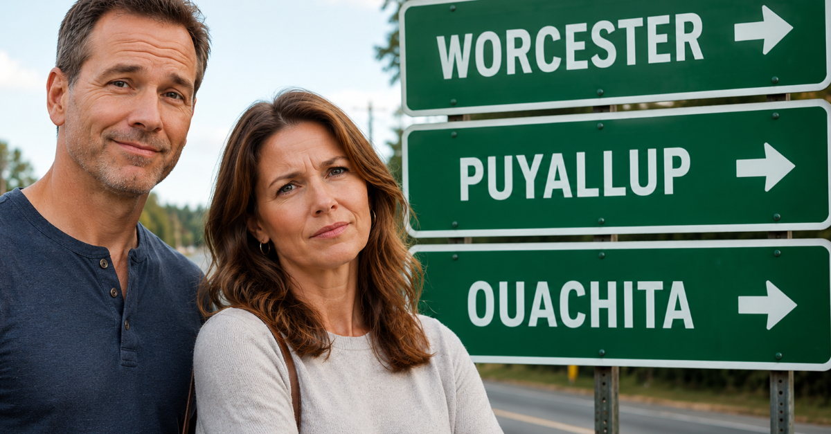 man and women, street signs with hard to pronounce city names
