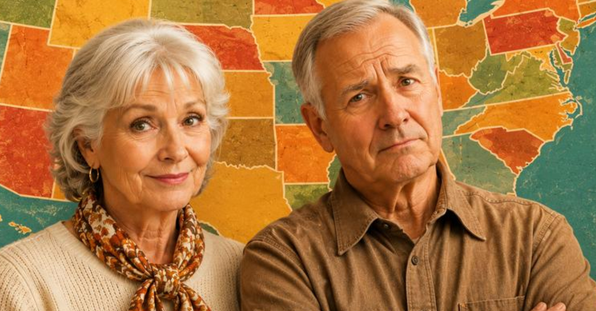 baby boomer man and woman in front of retro-looking USA map
