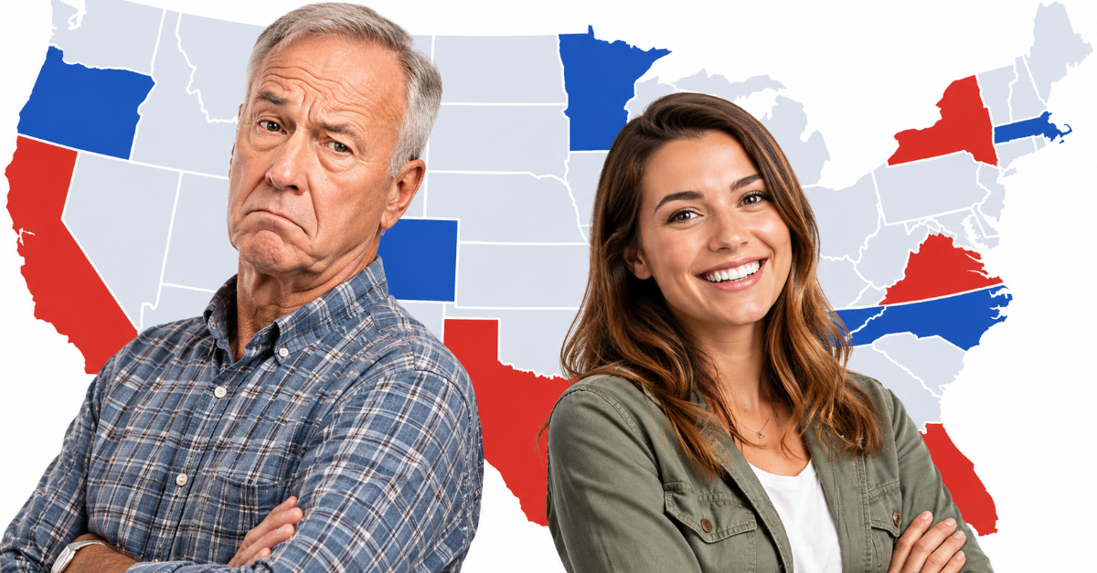 Boomer man, Millennial woman USA state map background