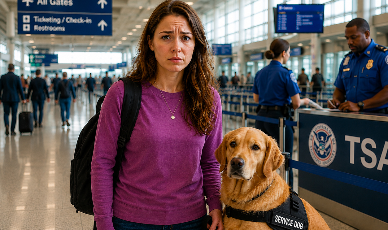 AI-generated image of a woman denied boarding with her service dog.
