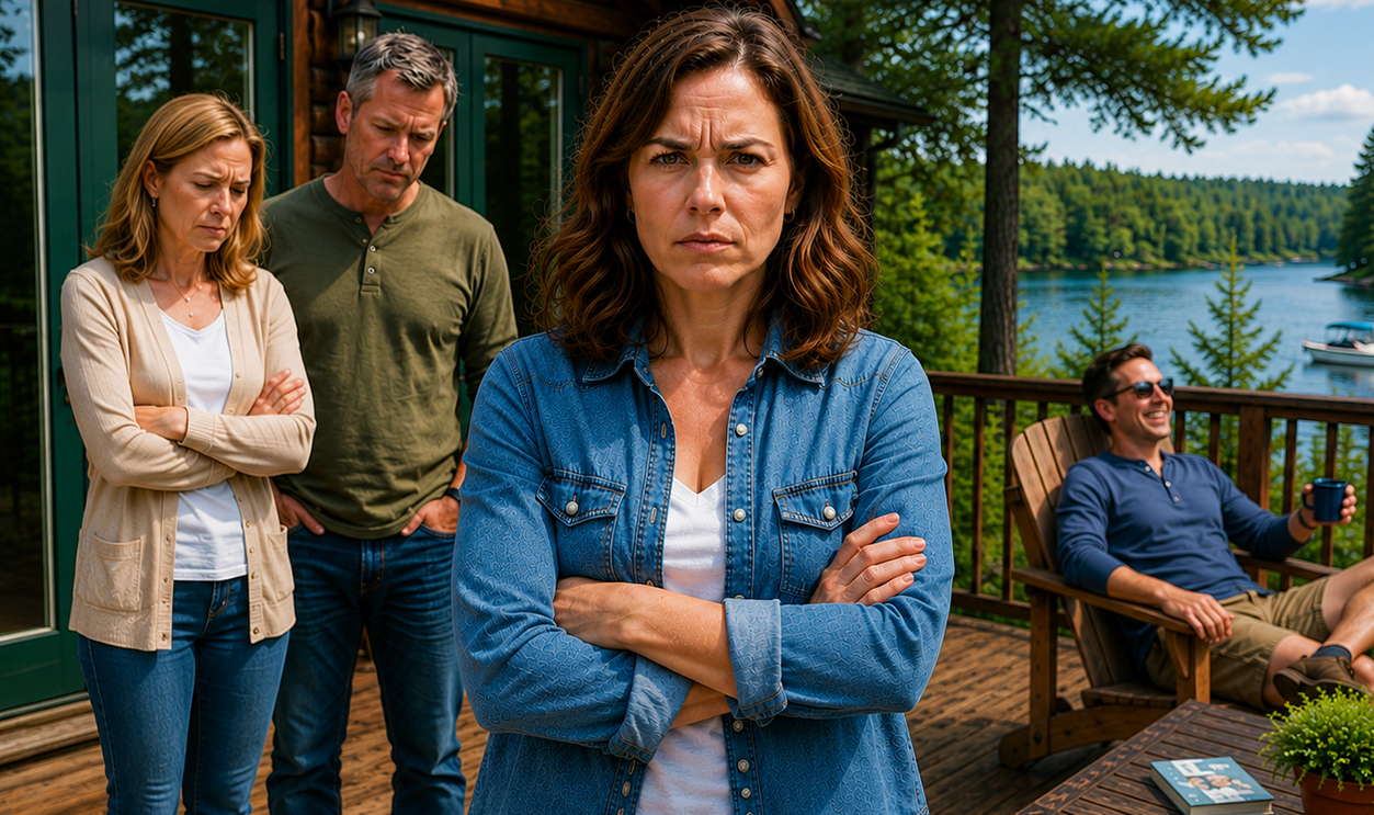 AI-generated image of a woman worried about shared expenses for a vacation cabin.