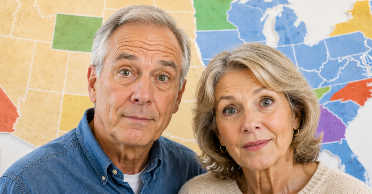 Older man and woman in front of divided USA map