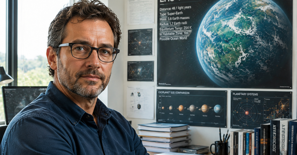 Scientist in office with space posters on walls
