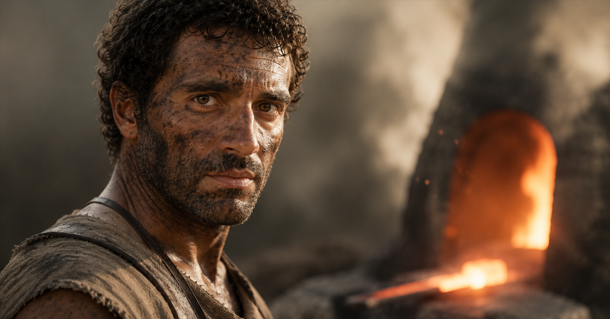 AI-generated image of Ancient Roman man next to smelting furnace