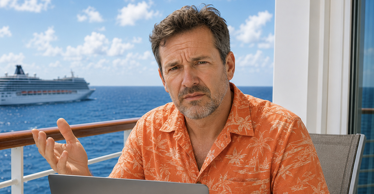 AI-generated image of a man worried about cruise ship internet.