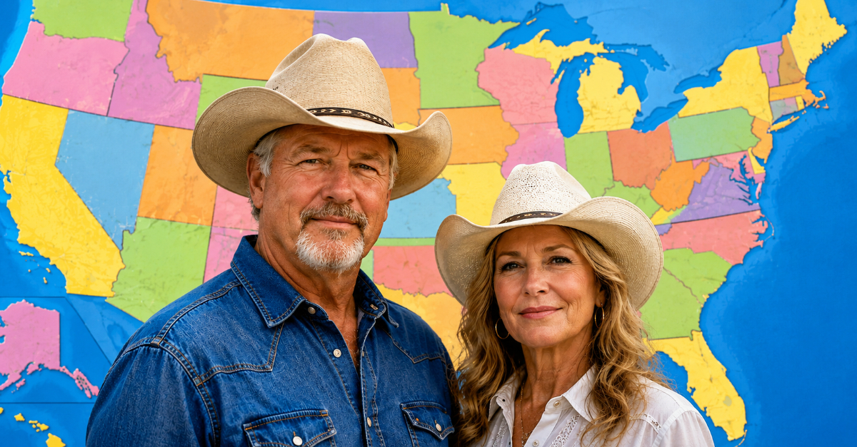 Older couple with cowboy hats, USA map background