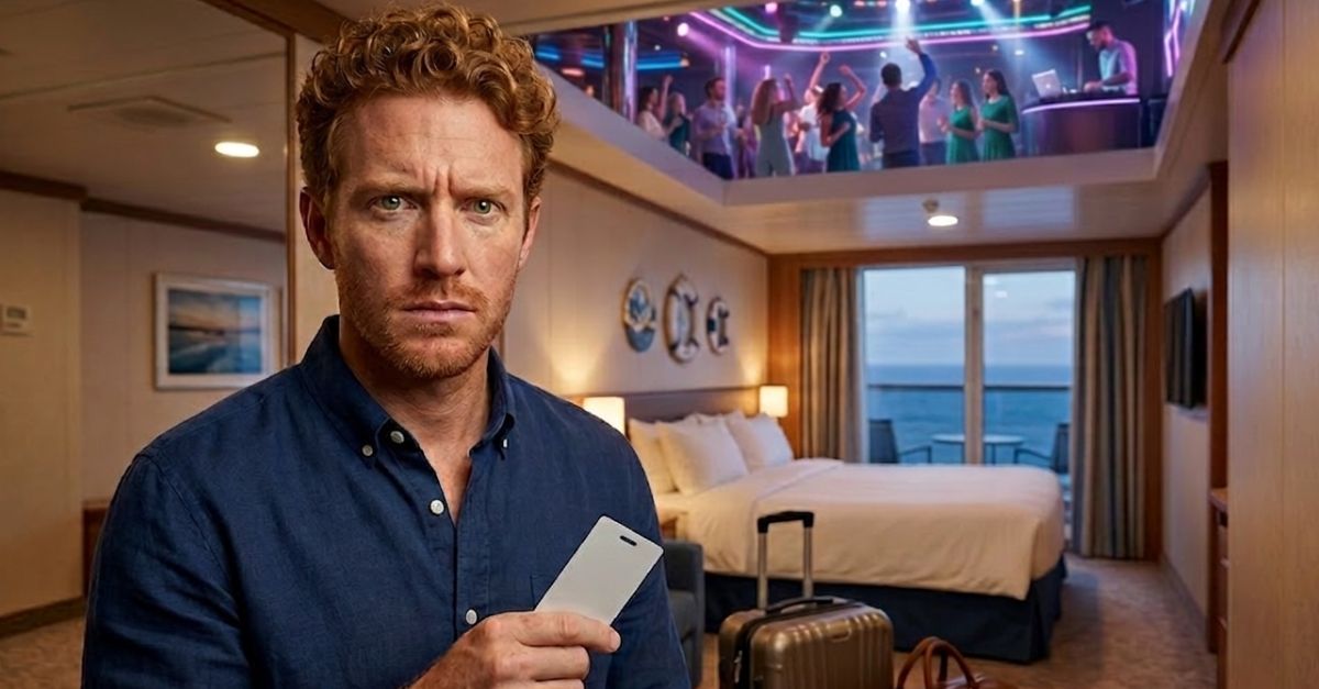 annoyed man in cruise ship cabin right under dancefloor