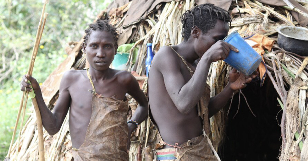 Hadza men drinking water