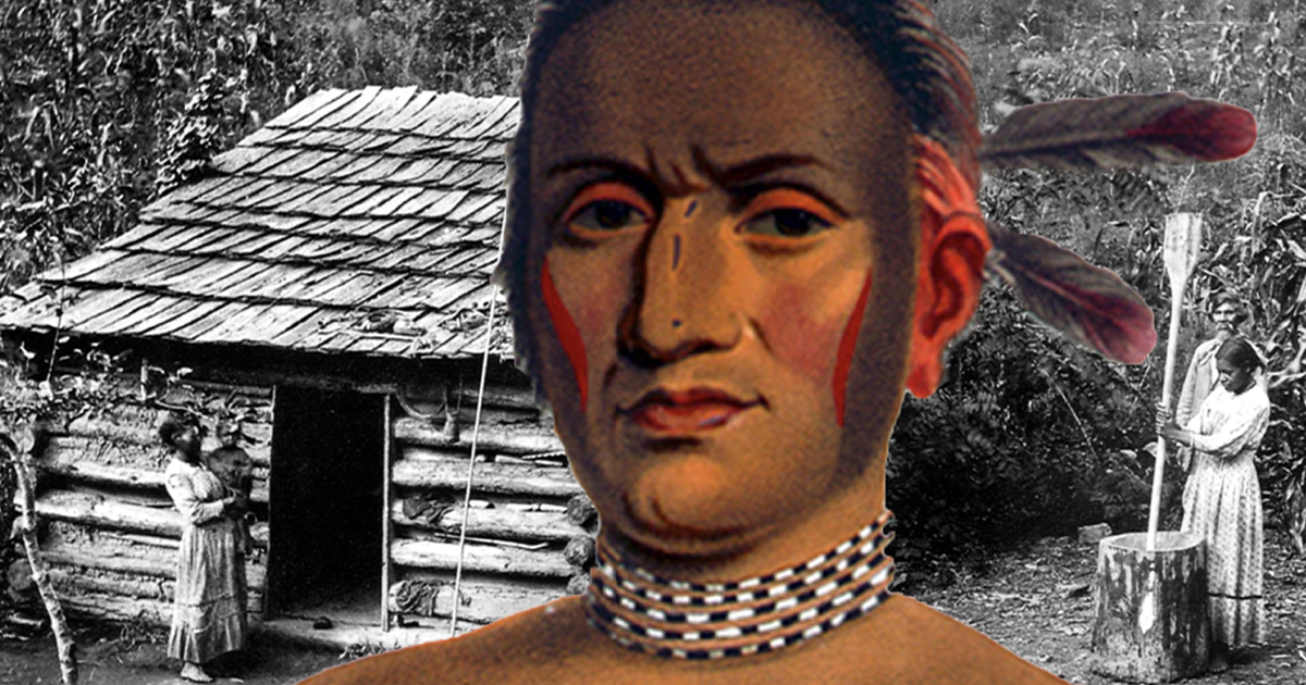 Se-Quo-Yahon on a photo of a Cherokee hut