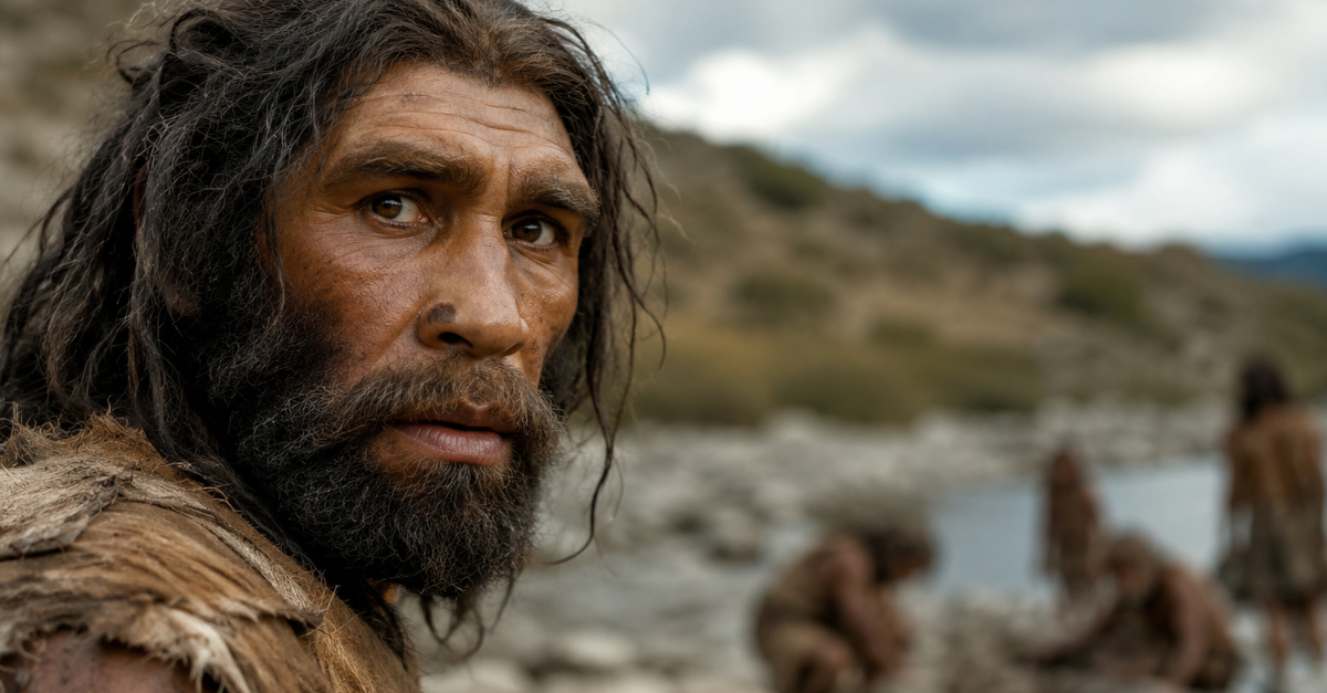 Early human looking at camera