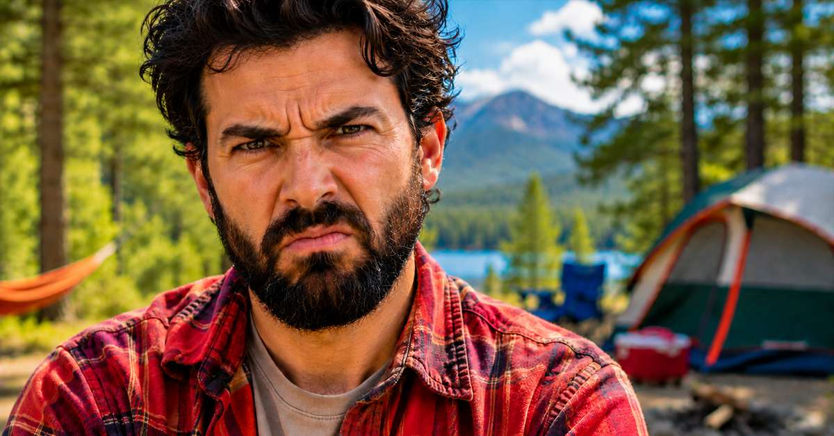 AI-generated image of frustrated man with a beard at campsite