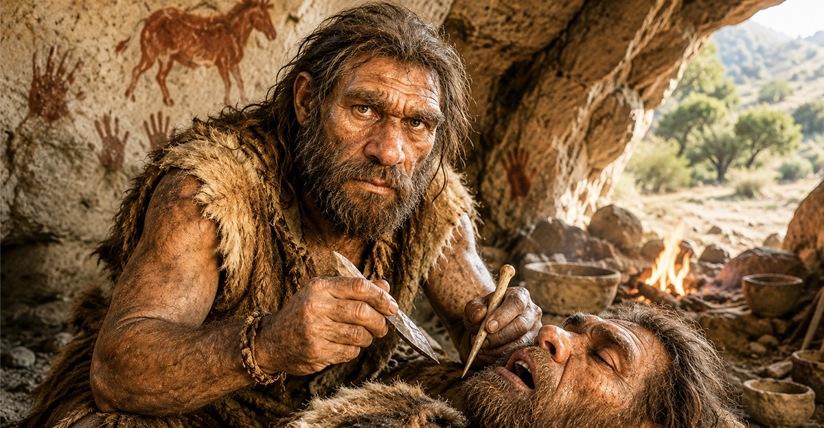 AI-generated image of a Neanderthal performing a dental procedure.