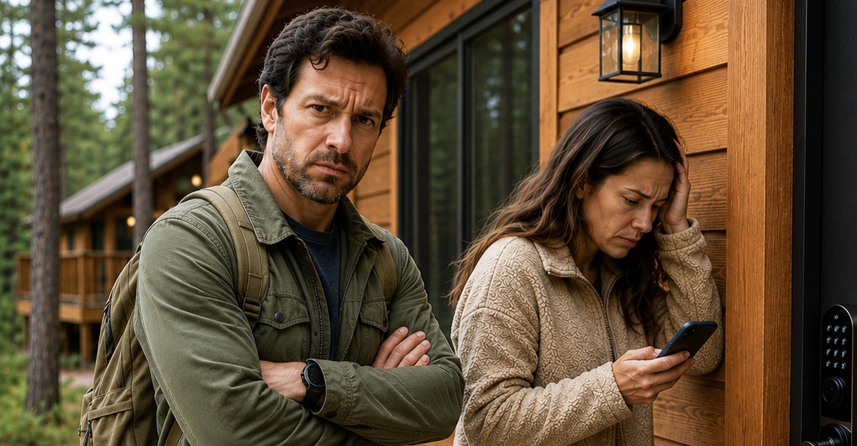 AI-generated image of a couple locked out of their vacation rental cabin.