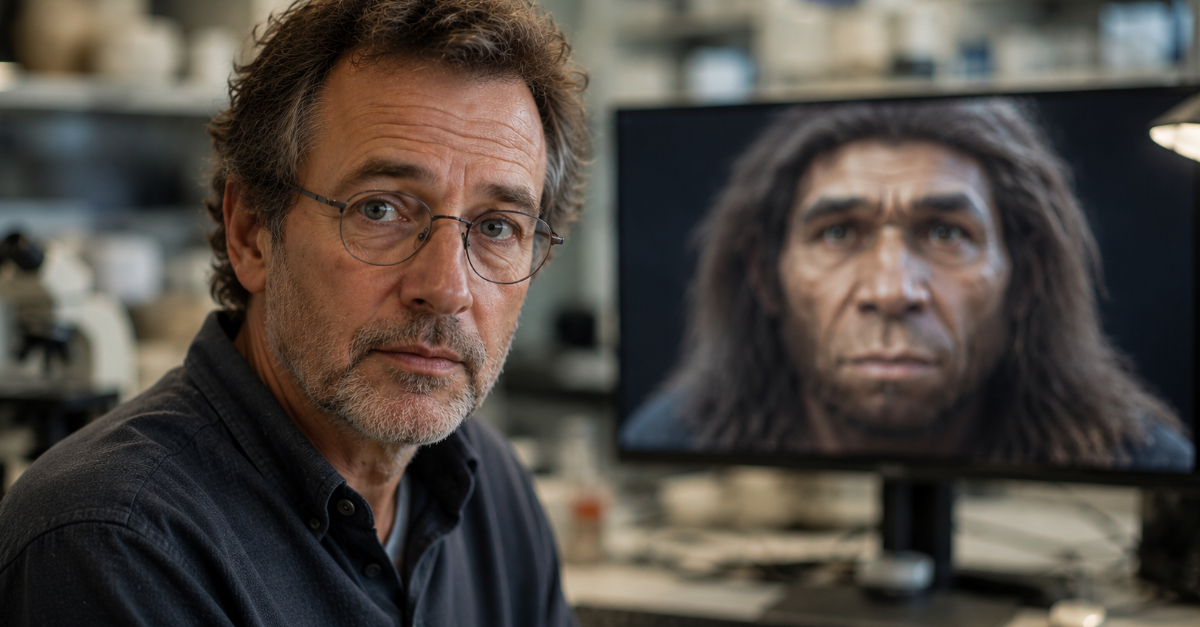 Scientist, computer screen with Neanderthal face background