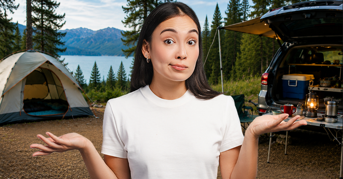 Composite of Asian woman shrugging with raised arms and AI-generated background